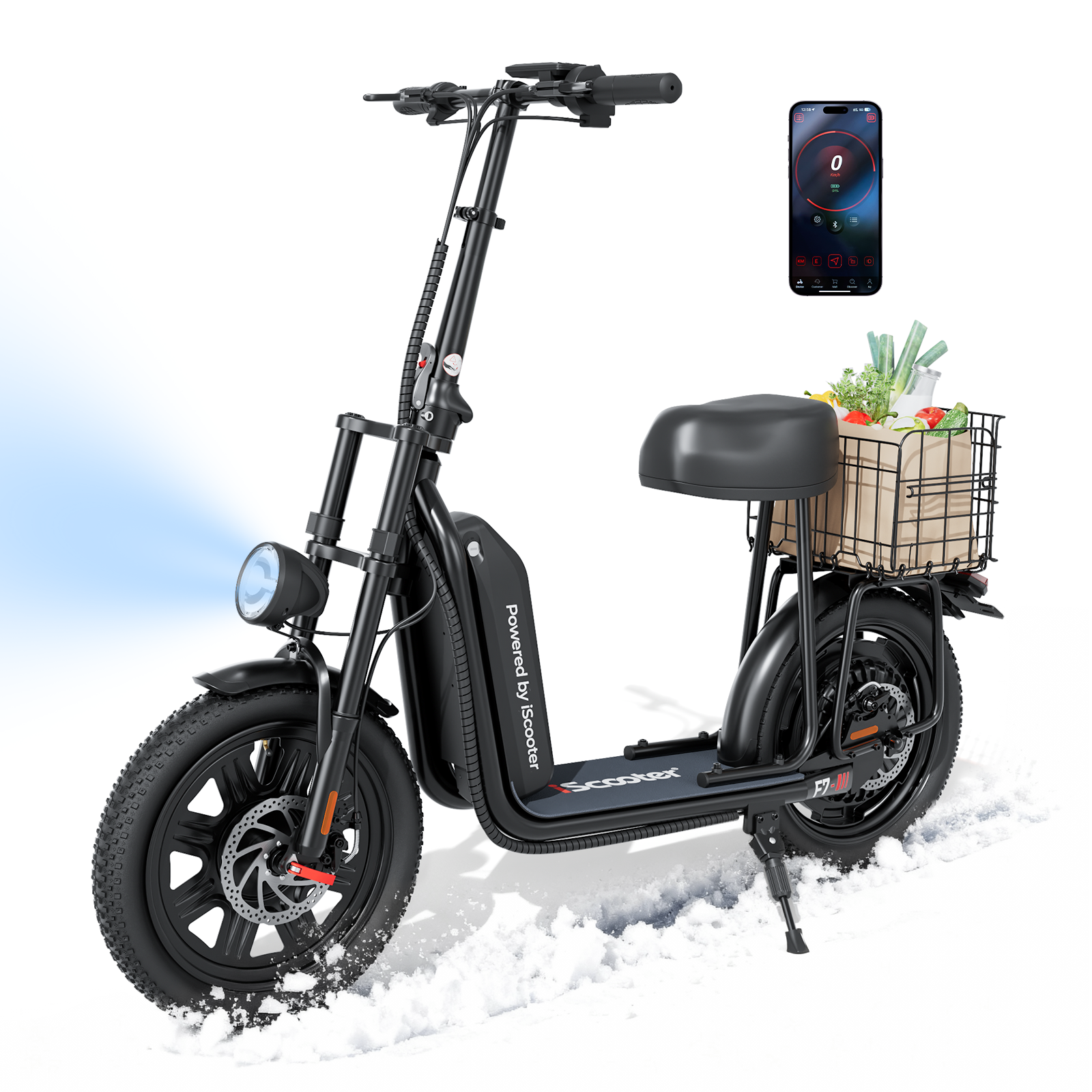 f7-seated-e-scooter_1-1.png iScooter F7 Seated Electric Scooter - 16" Fat Tires, Detachable Cargo Basket - Image 1